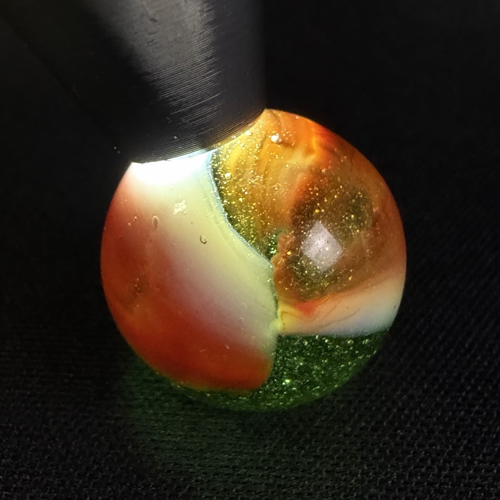 Vintage Peltier Rainbo Green Transparent Base Red White Ribbon Glow .63 MINT-NM