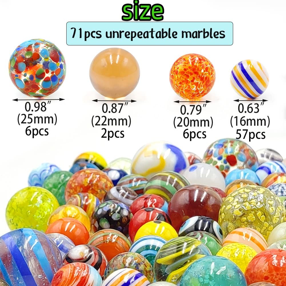 Assorted Marbles 71pcs (6×1″ 2×0.87″ 6×0.79″ 57×0.63″) – 3 Glow in Dark for Kids