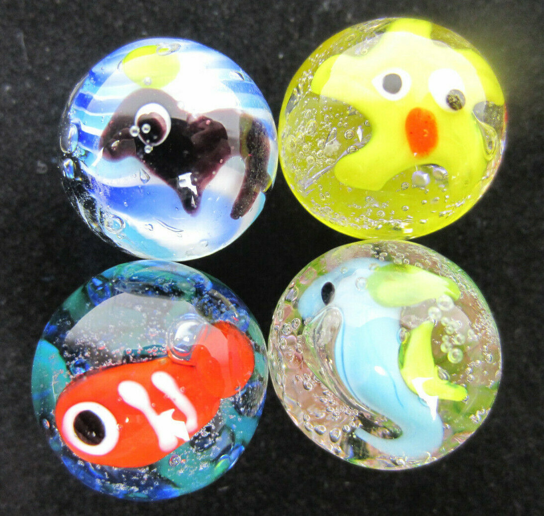 4 UNDER THE SEA Marble Seal, Fish, Starfish, Seahorse 16mm Handmade art glass