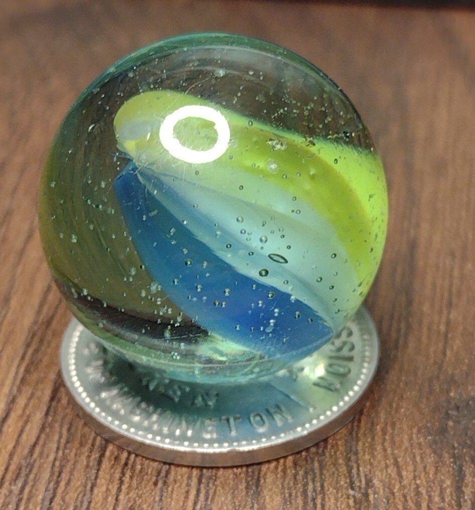 Blue Tri-Color NM .92″ LG Six Vane Ribbon Color Cateye Mystery Vintage Marbles