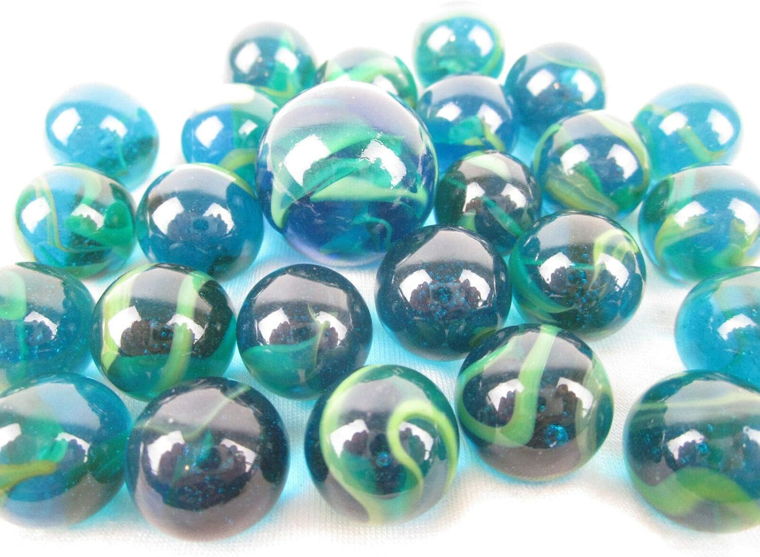 ~25 Glass Marbles SEA Turtle Blue/Green Translucent Swirl Classic Style Game Pac