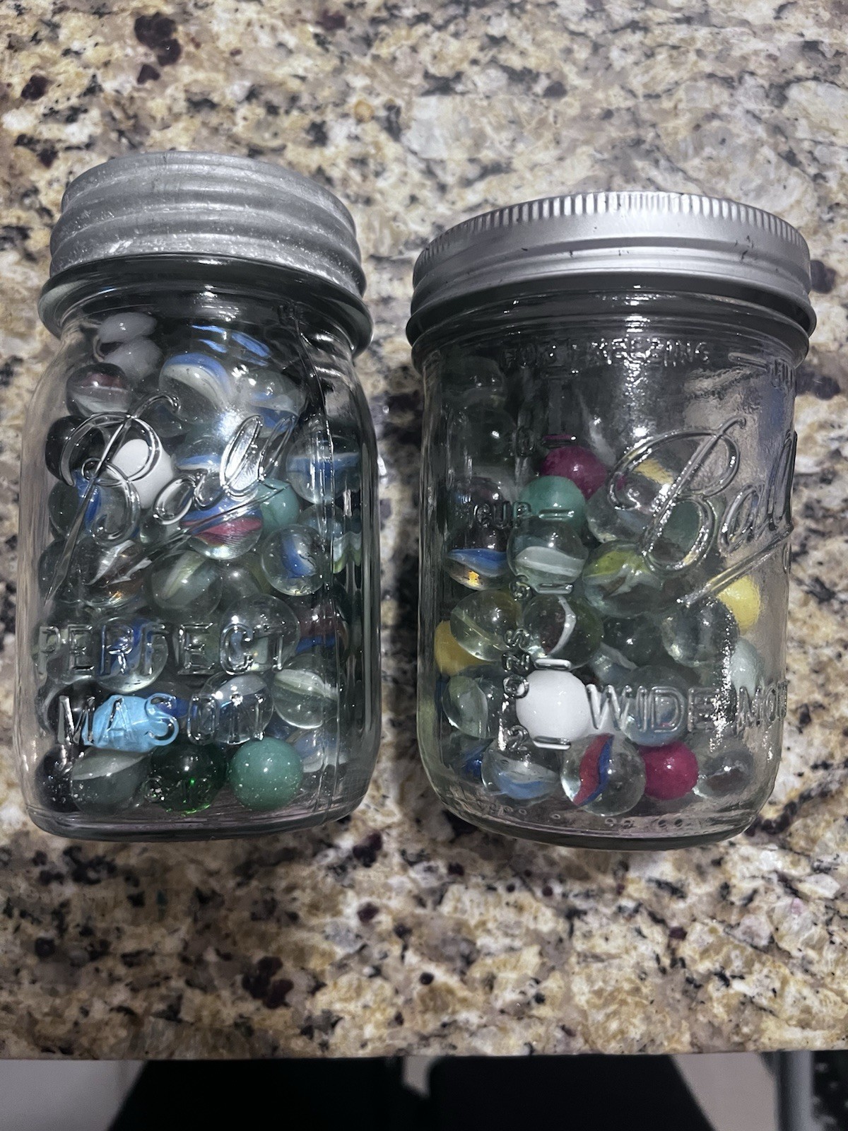 Lot Of Vintage Marbles – Different Sizes And Colors In Mason Jars