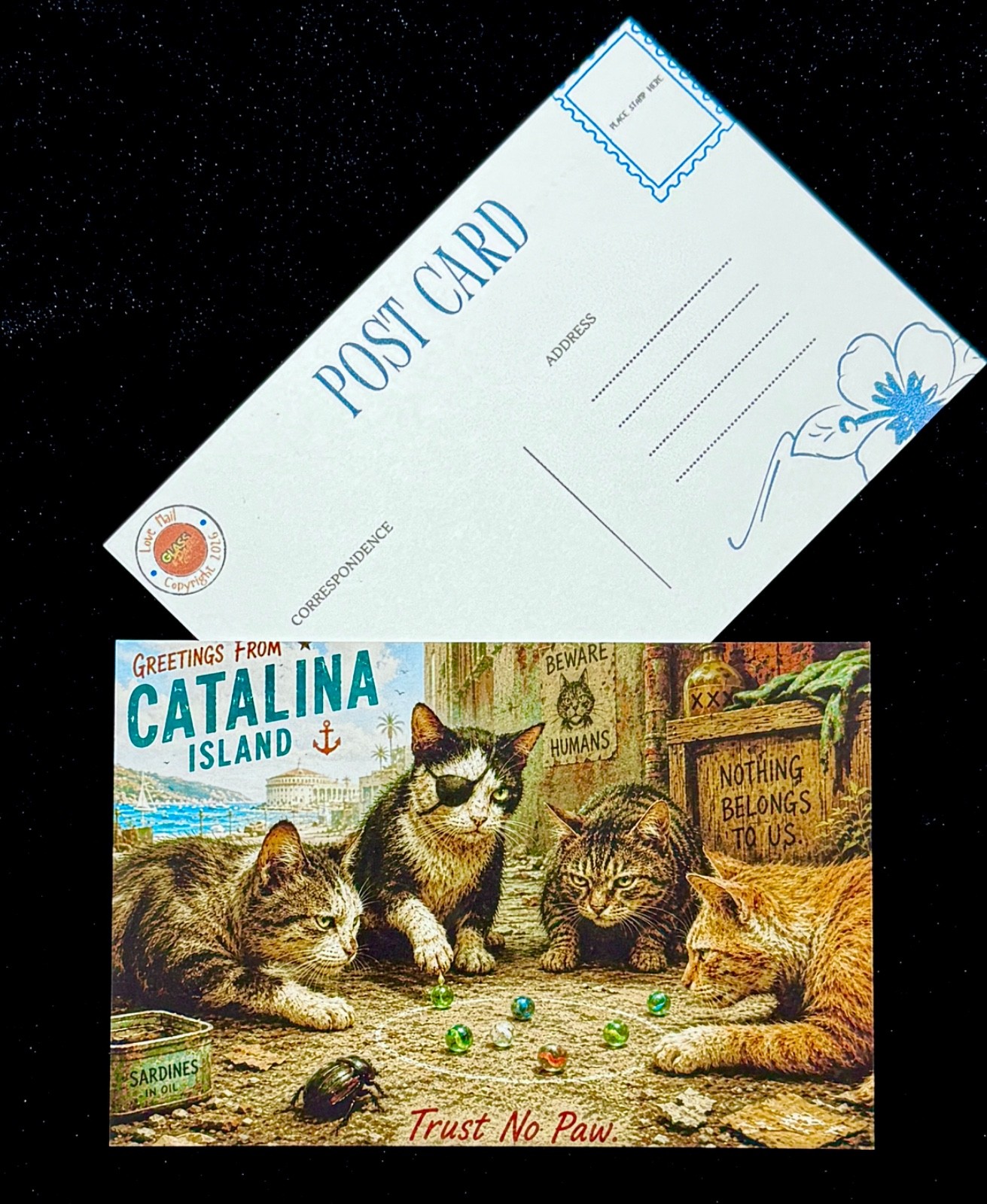 Trust No Paw! Feral Cats Playing Marbles Catalina Island Art Postcard