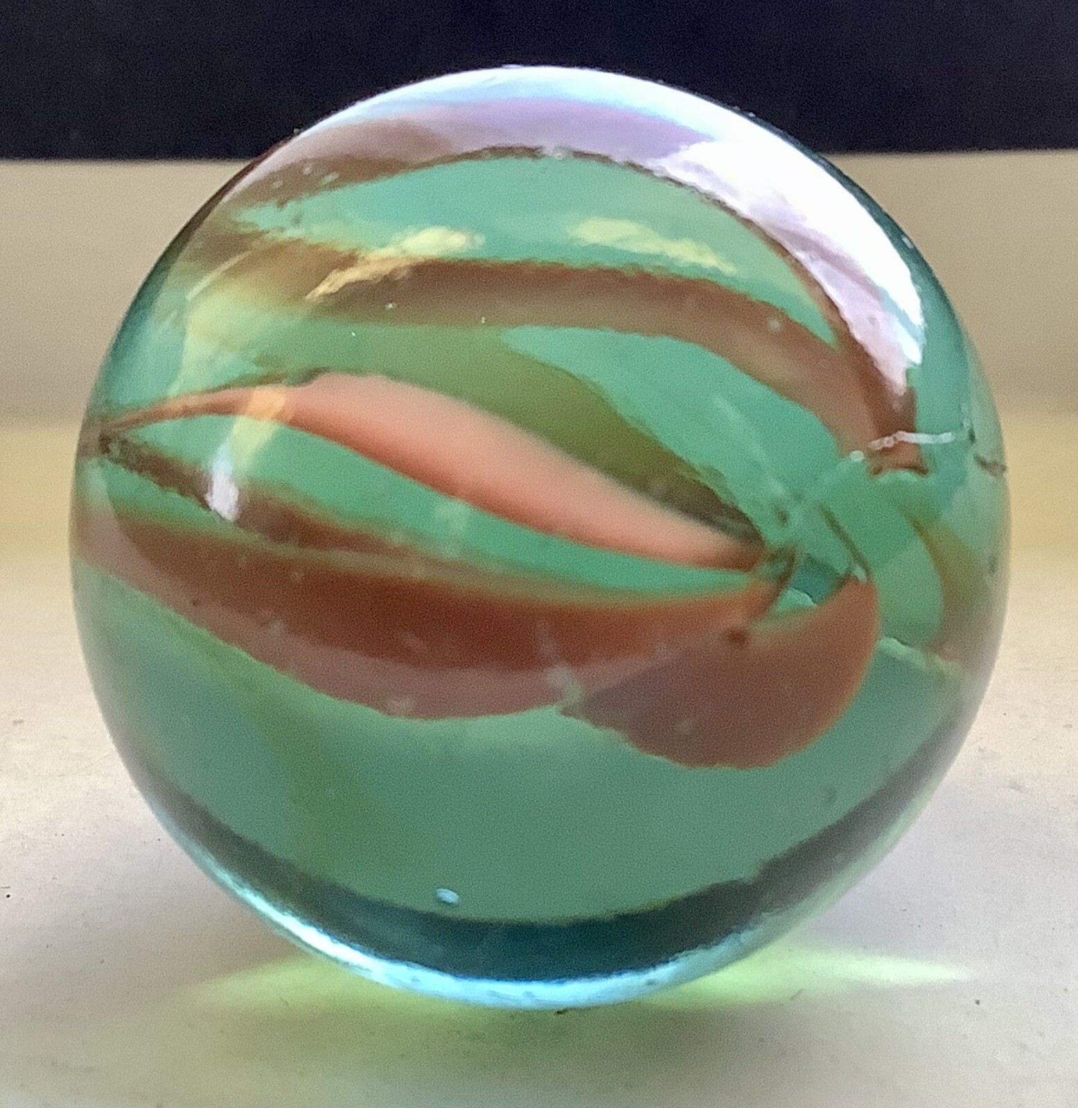 Vintage Estate Large 6 Vein Rust Red Color In Aqua Glass Shooter 1” Marble