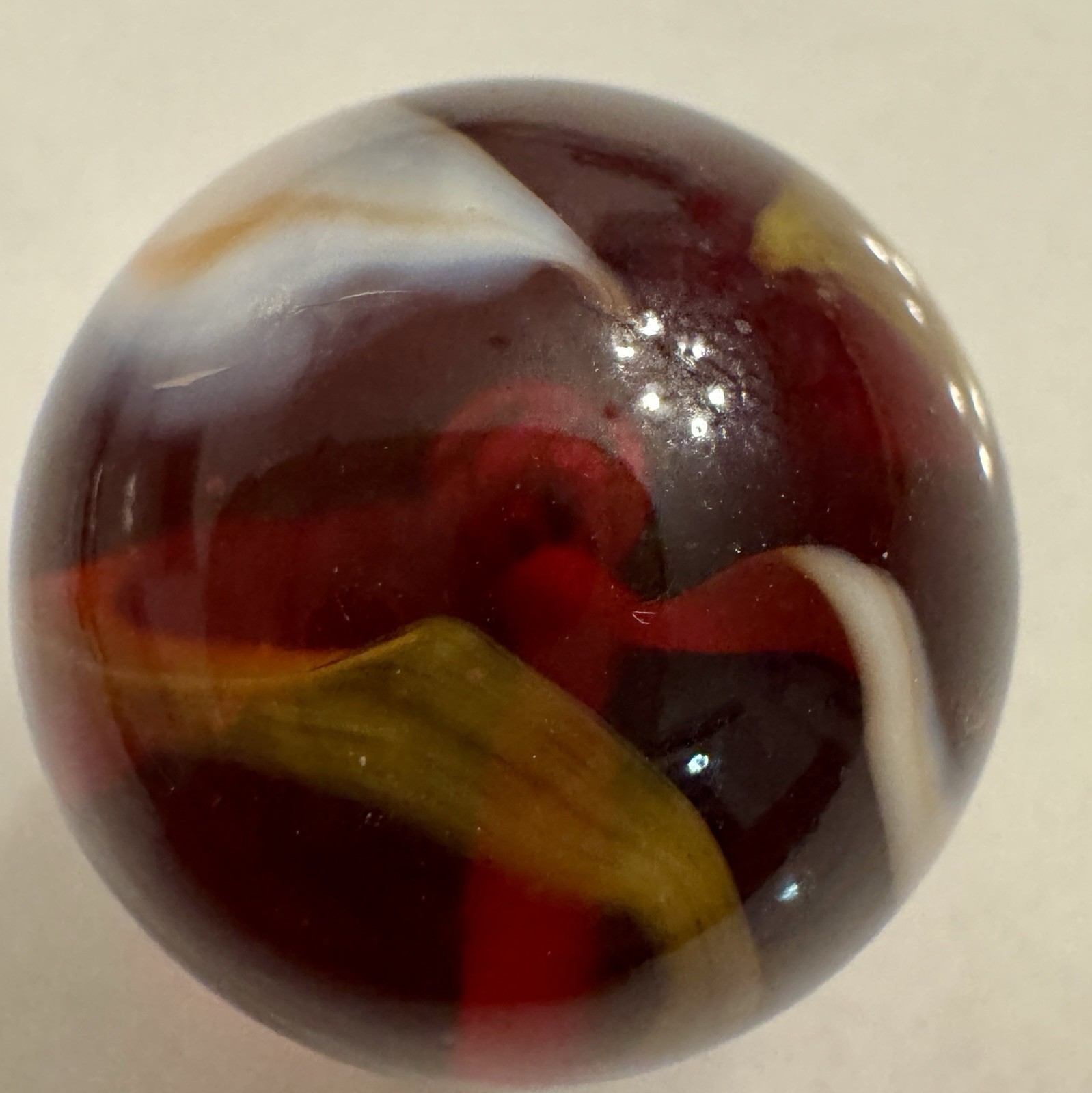 Vintage Handmade Large 1” Glass Shooter Marble Ruby Red White Yellow Swirl 25mm