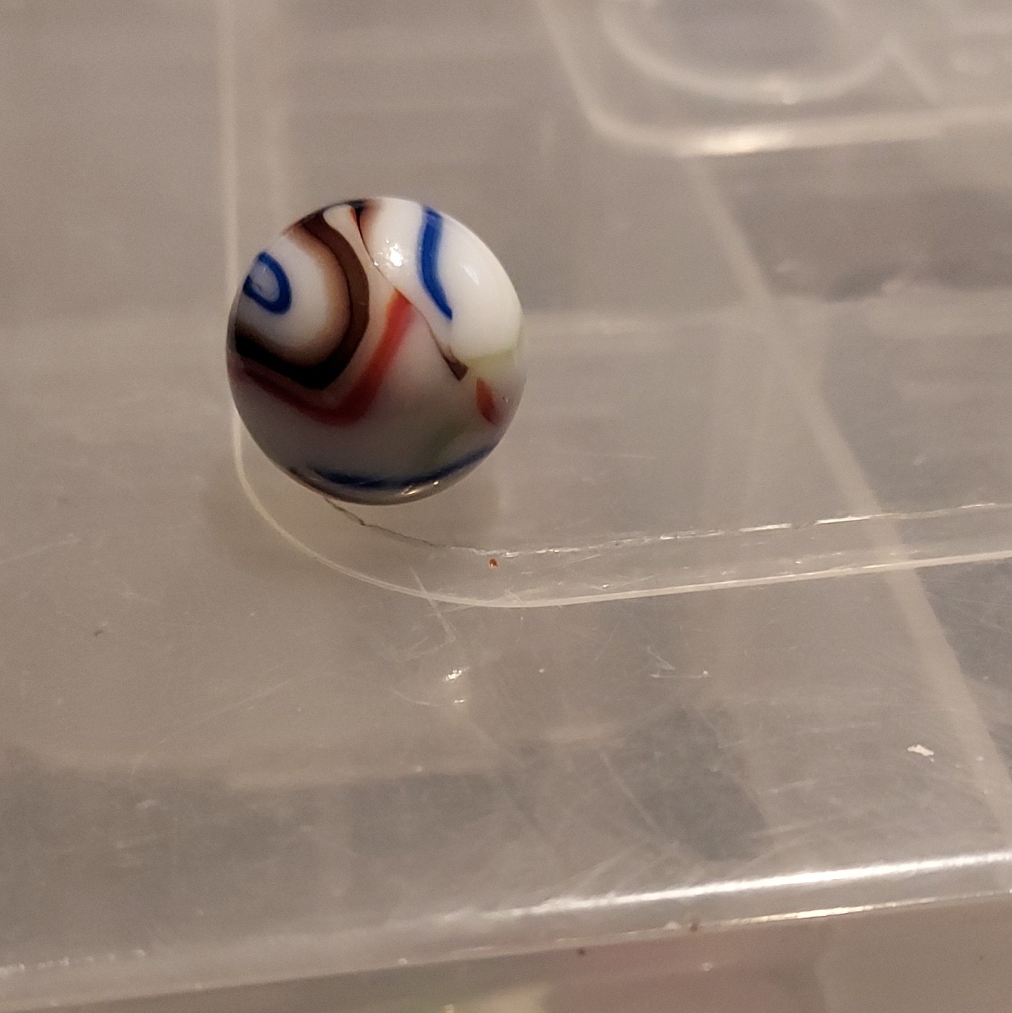 White Base Glass Toy Marble – Blue Red Green & Brown Swirl, Single, Ages 17+