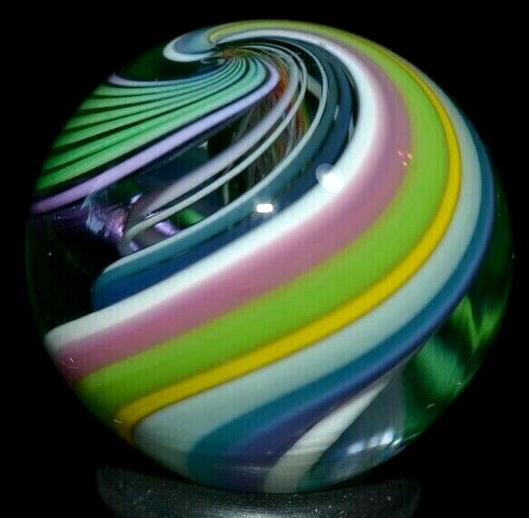 JODY FINE HANDMADE GLASS MARBLE/.926″-SPRING TRIPLE-BLUE,OLIVE,LILAC,ROSE,LEMON+