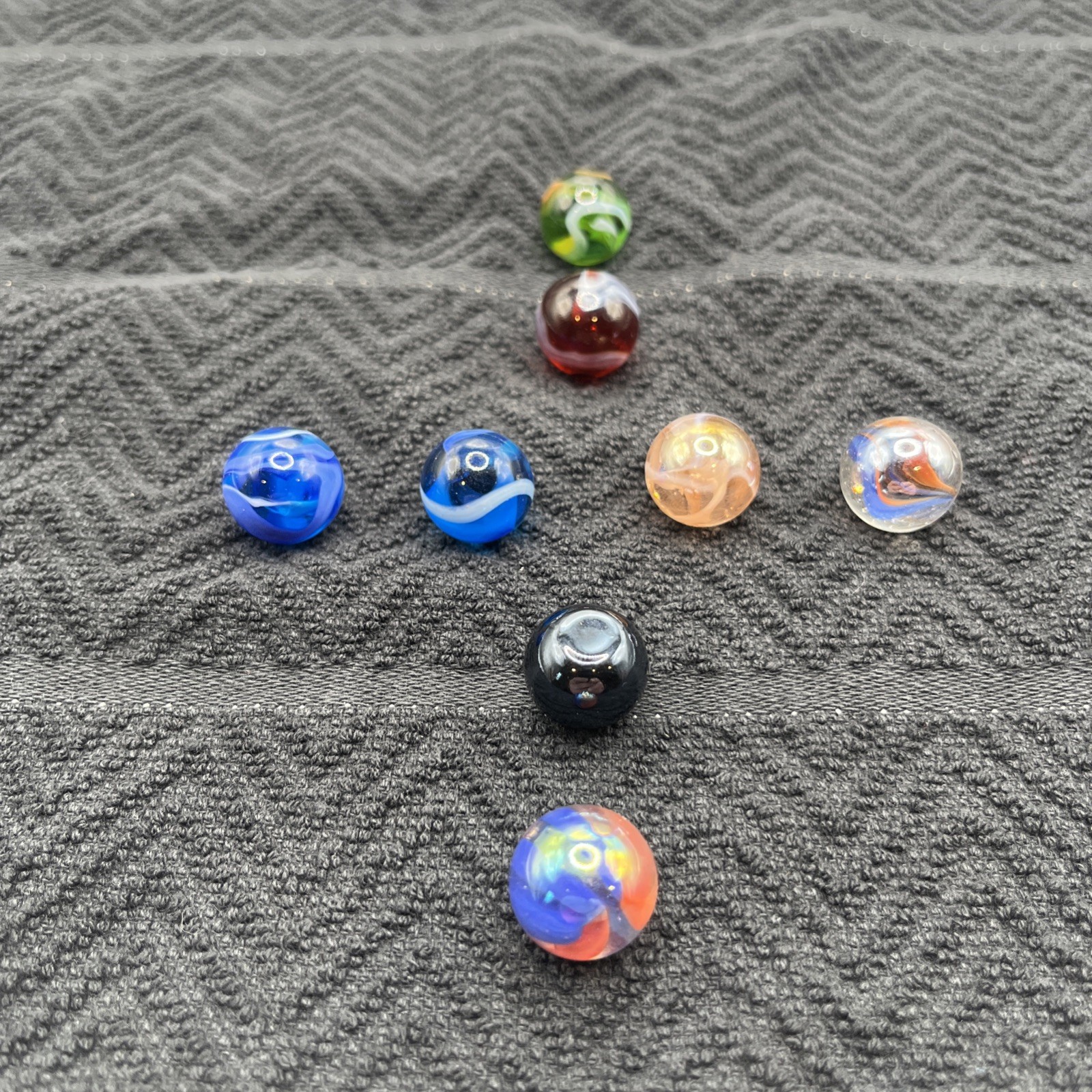 Vintage Swirling Marbles Lot of 8 , Green, Red, Blue, Pink, Pointang Mark