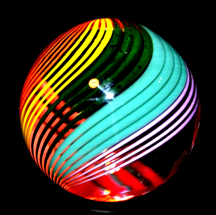 JOHN GIBBONS GLASS MARBLE/1.650″-24 RIBBON RAINBOW SWIRL-CRIMSON,GR. LUTZ,TURQ +