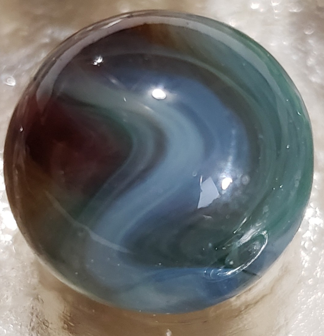 HTF GORGEOUS Akro Agate Blue n Green Popeye HYBRID Amber Base WET MINT SZ 19/32