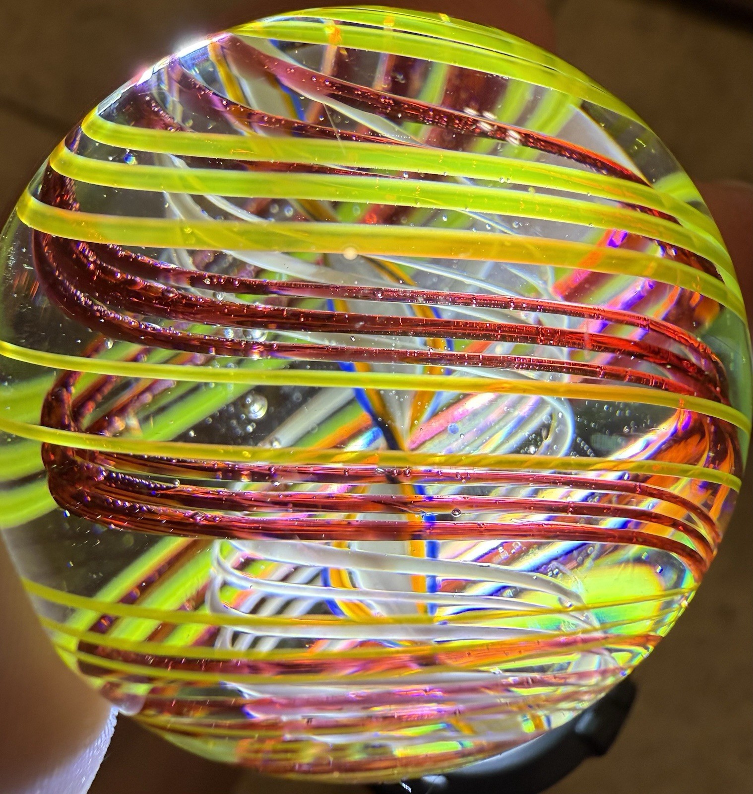 Studio Artist Signed Art Glass Marble 1.73” Latticino Ribbon Core Handmade