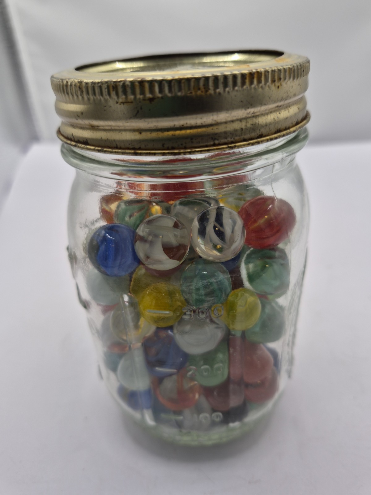 Jar Of Vintage Marbles Various Sizes… weighs 1# 13oz with Jar/ many kinds