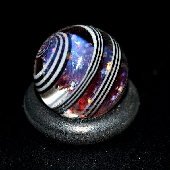 BRYAN TRILLAS GLASS MARBLE/.509″LAVENDER ZEBRA-BLACK/WHITE THIN RIBBONS,DICHROIC
