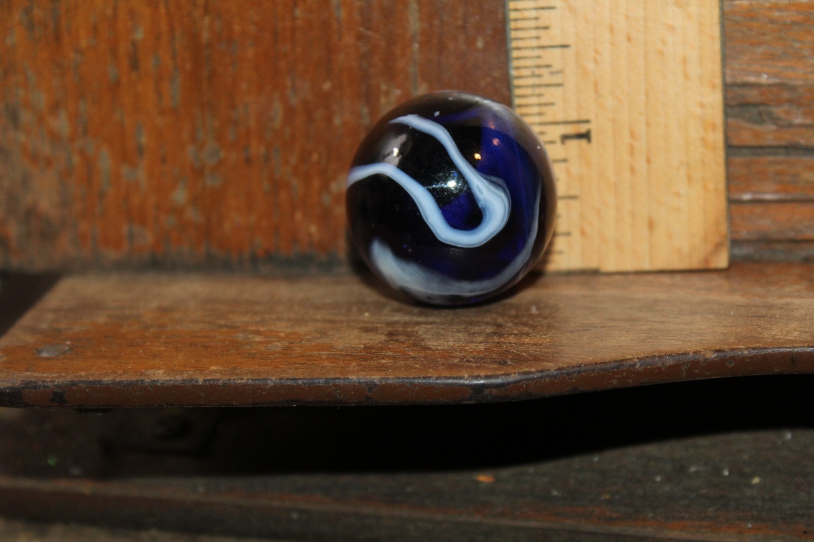 Vintage Machine Made Large Glass Shooter Marble Cobalt Blue White Swirl 1-1/4″