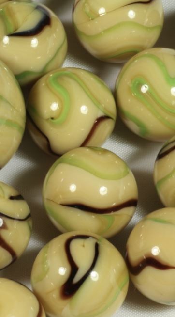 Bulk 16mm Sloth Glass Mega Marble Players Pk 50 Tan w Brown & Green Swirls Vacor