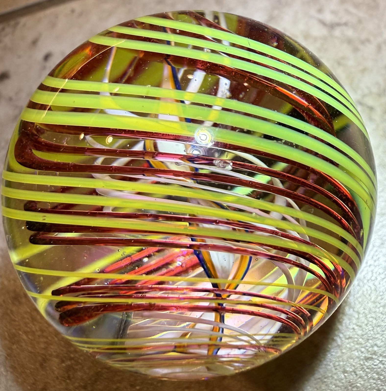 Studio Artist Signed Art Glass Marble 1.73” Latticino Ribbon Core Handmade