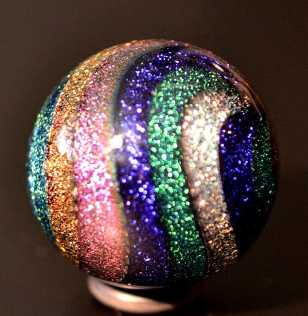 JAMES ALLOWAY GLASS MARBLE/1.358″-DICHROIC RAINBOW STARDUST #639-VIOLET,FOREST +