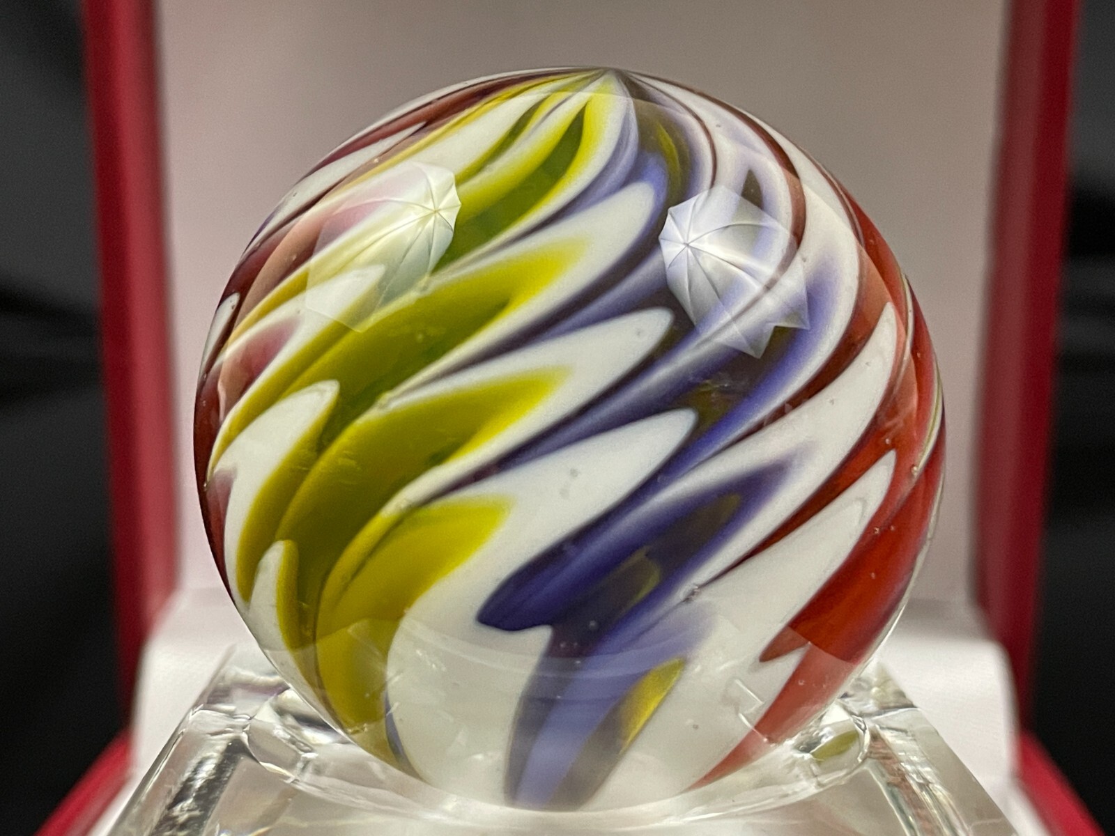 Rick Davis Glass Art Marble 1.46″ Signed Orange White Black Purple Magenta