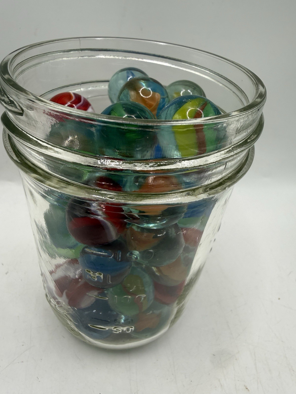 Assorted Vintage Marbles in Small Glass Mason Jar, Asst 50 As Seen Pics