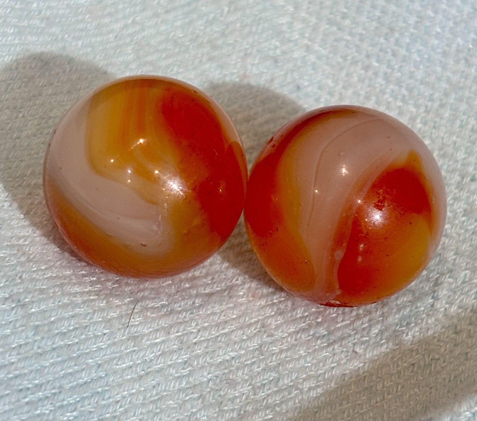 PAIR (2) Vintage Akro Agate Corkscrew Marbles Tri Color Orange White Red 0.72”