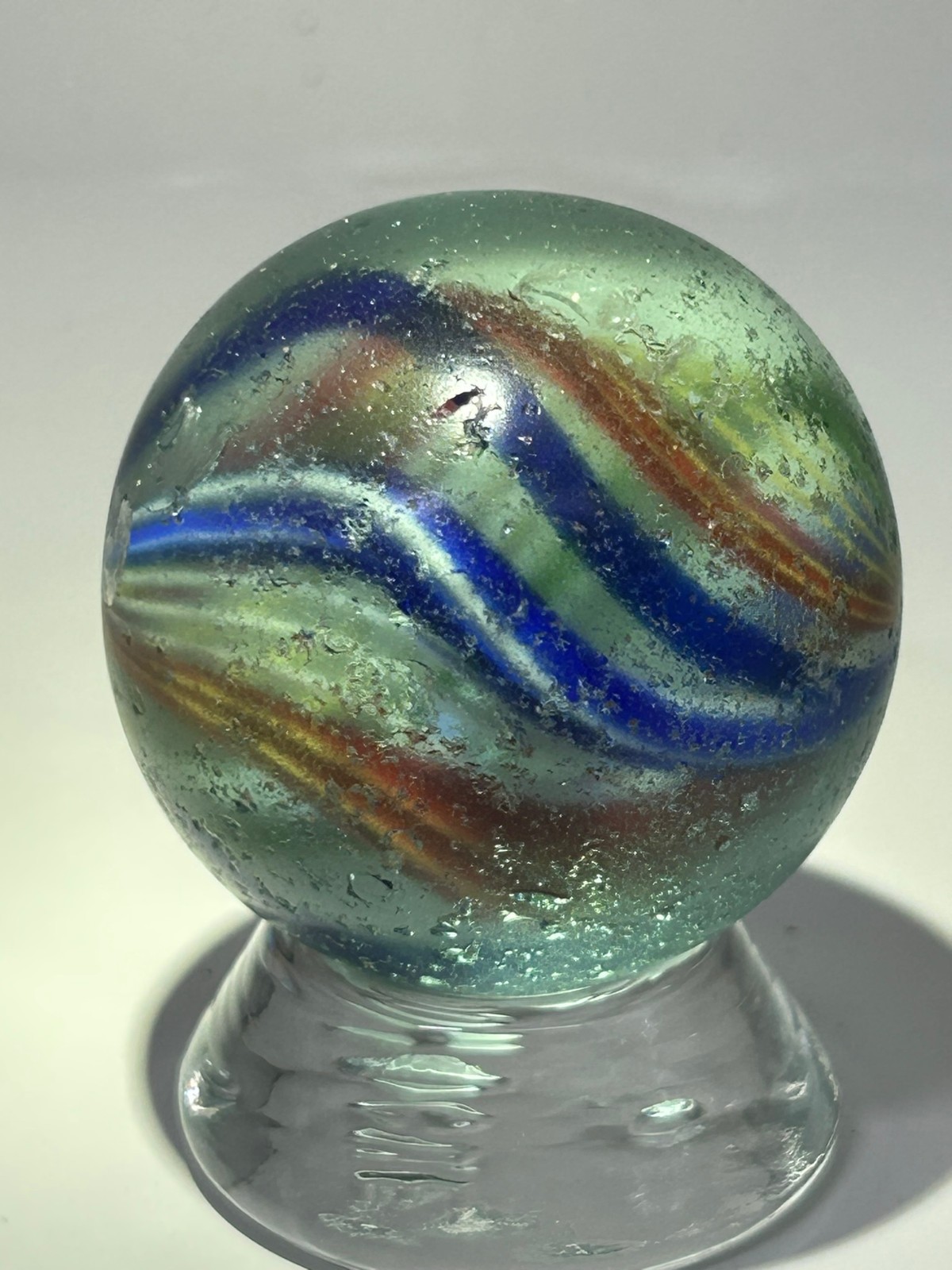 Antique German Handmade Divided Core Jelly Ribbon Swirl Marble 1-51/64″ NM E3.15