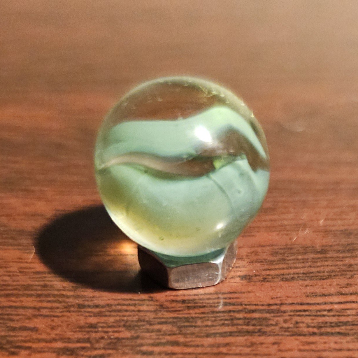 Vintage Vacor Green Spaghetti Ribbon .593″ Glass Marble w Huge Cold Roll Gash