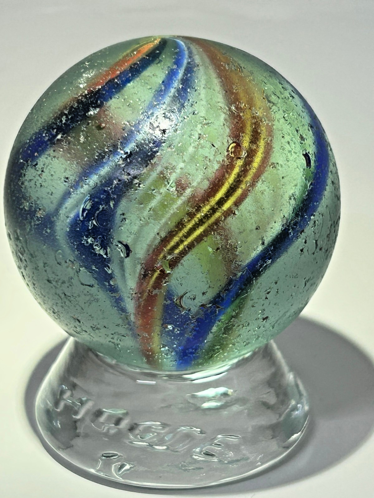 Antique German Handmade Divided Core Jelly Ribbon Swirl Marble 1-51/64″ NM E3.15