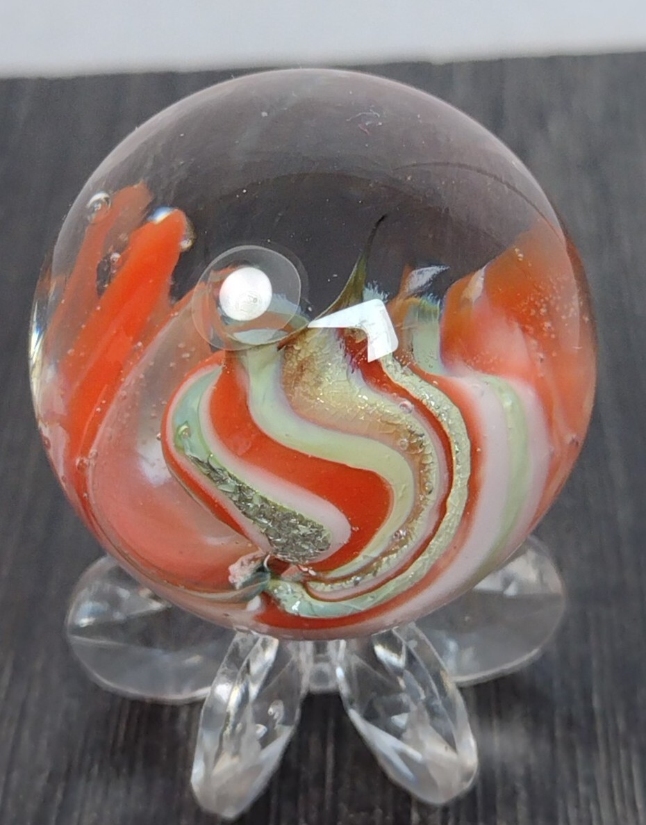 1.03″ LG Peach & Green Sparkle 🦚 PEACOCK Swirl Contemporary Studio Art Marbles