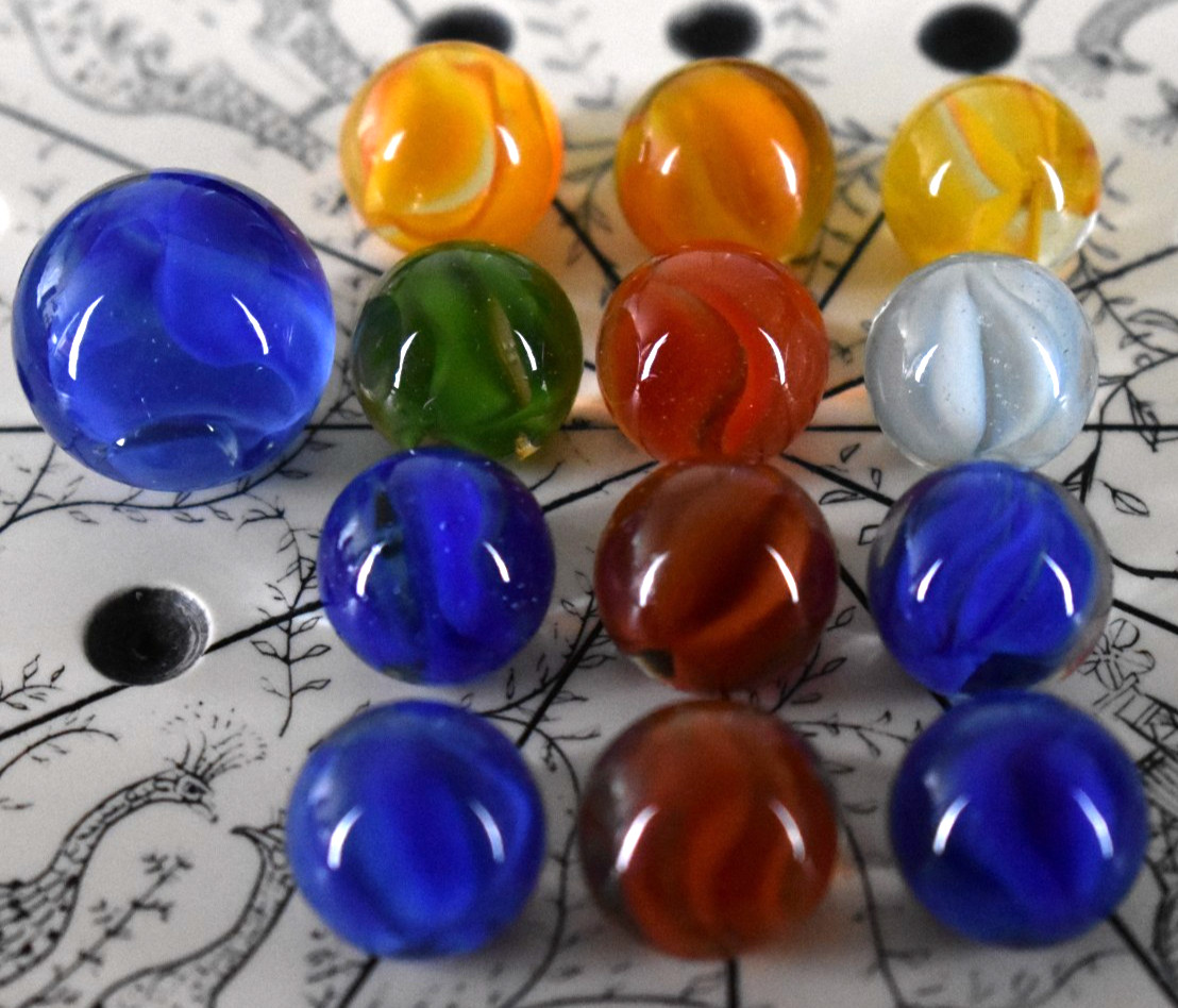 Vintage Vitro Agate Early Cats Eye Marbles 12 Standard + 0.86″ Shooter (VG)