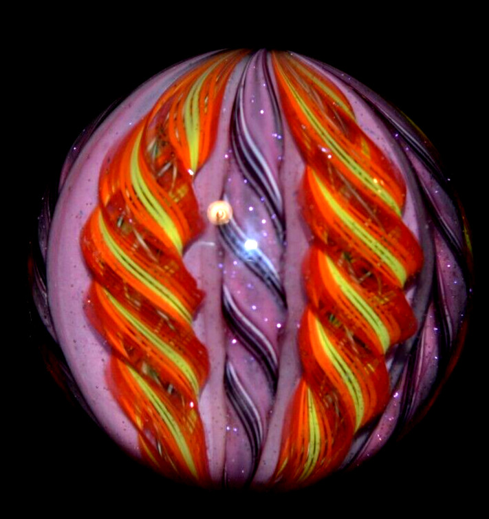 EDDIE SEESE GLASS MARBLE/2.128″-8 CANE FIRE & VIOLETS-ORANGE DICHROIC,MAGENTA +