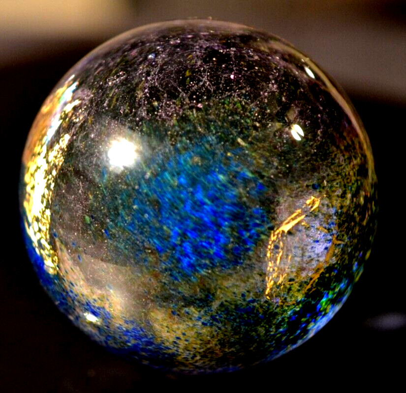 CHARLES CULBERT GLASS MARBLE/2.724″-TRANSPARENT DARK EARTH ABSTRACT-GOLD,VIOLET+