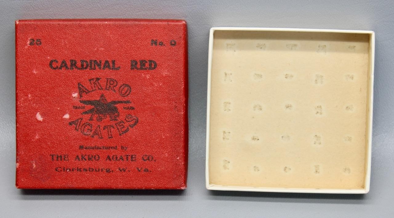 RARE BOX OF 25 AKRO AGATE NO. 0 CARDINAL RED MARBLES • EXCELLENT CONDITION