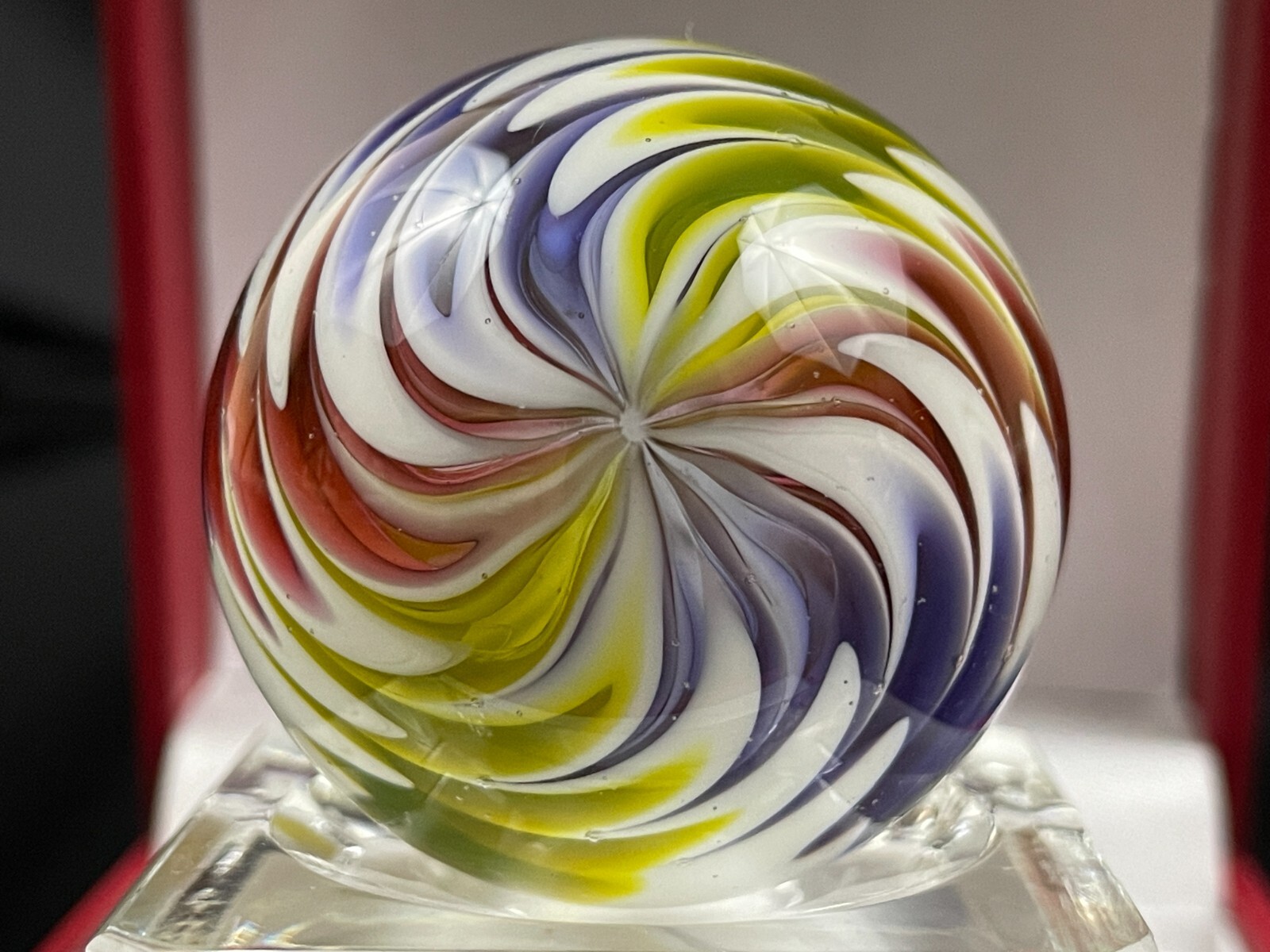 Rick Davis Glass Art Marble 1.46″ Signed Orange White Black Purple Magenta