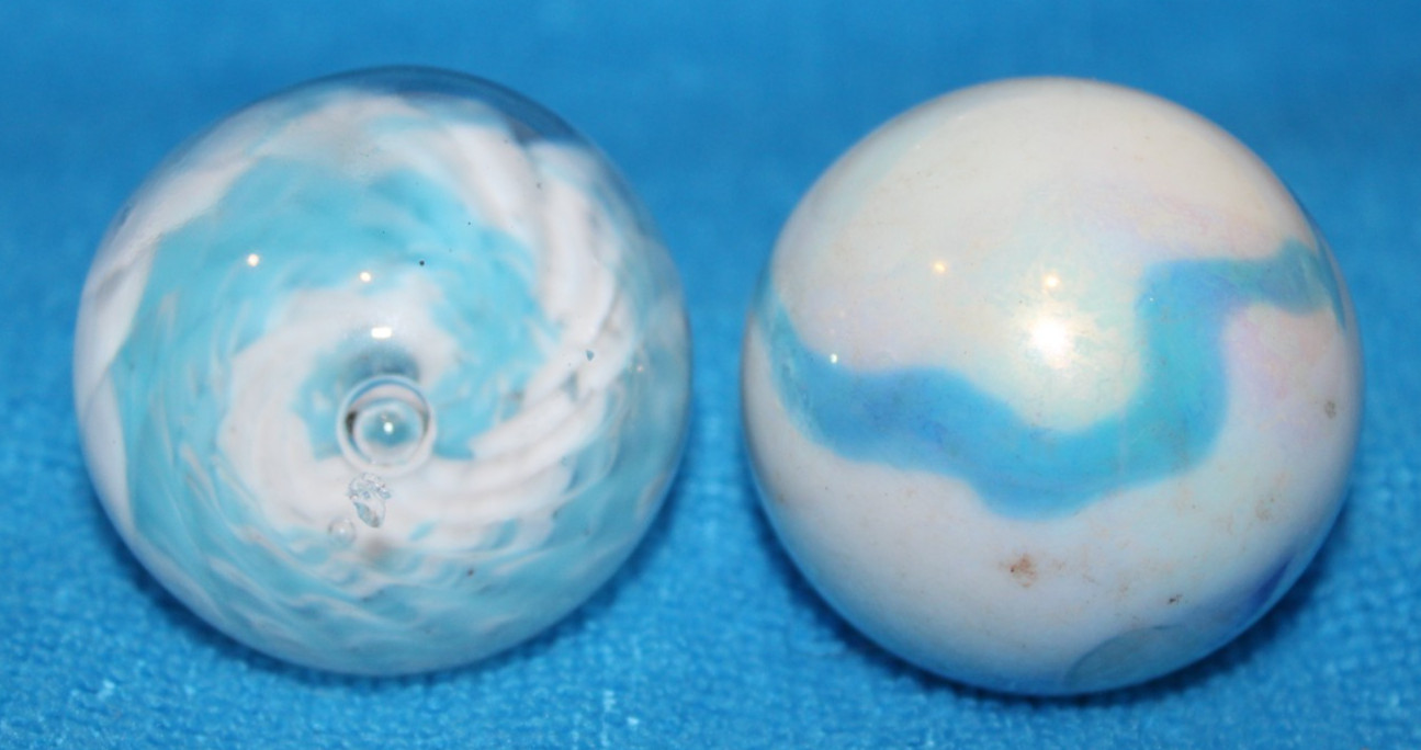 Two Large 2″ (50 mm) Marbles — (Swirling Blue & White Marbles)