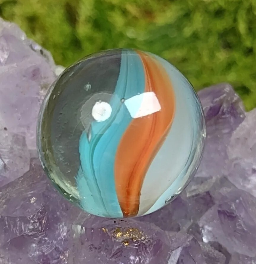 Elegant 💎 NM Turquoise & Peach Cateye Six-Vane “V” Style Vintage Marbles .60″
