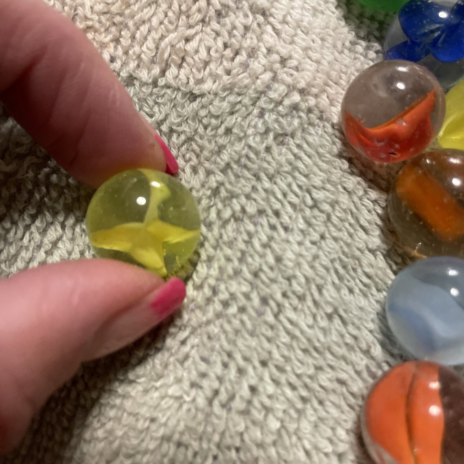 1930-1940’s cat eye 4 vein marbles. Total 12, 1 In, .75 , 10 .50