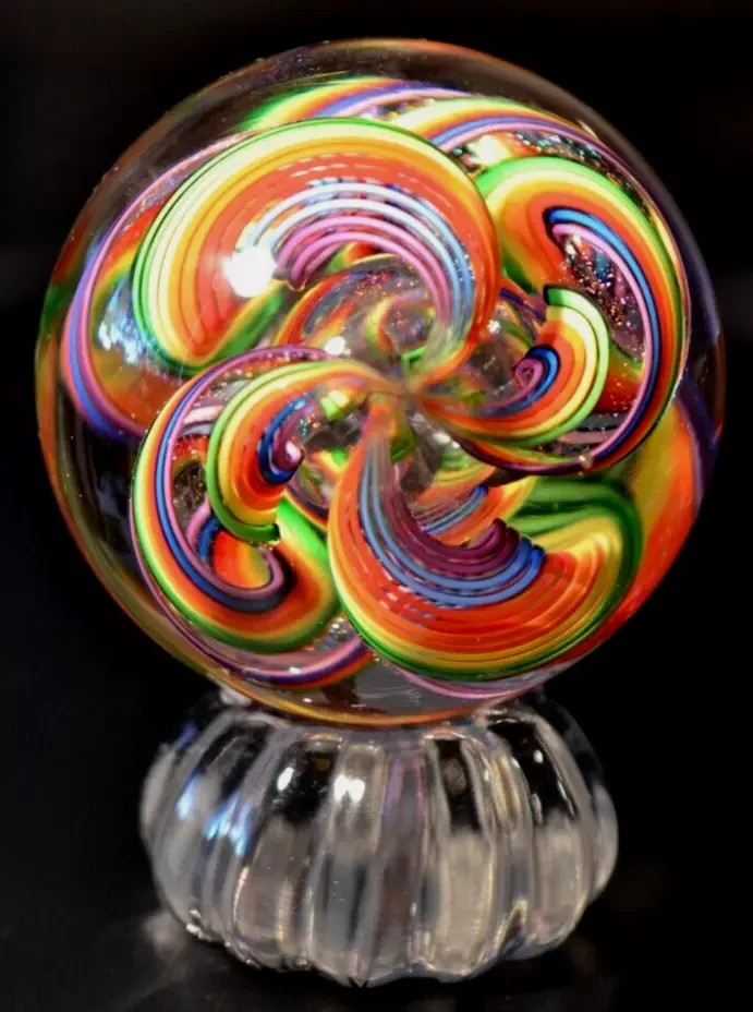 JAMES ALLOWAY GLASS MARBLE/2.754″-RAINBOW QUADMANIA #461-LIME,YELLOW,ORANGE +