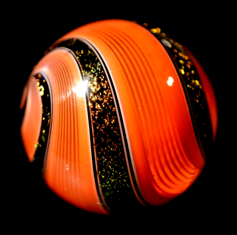 HOT HOUSE GLASS MARBLE/1.726″-TOMATO RED LATTICINIO STYLE W/DICHROIC-WORLDWIDE
