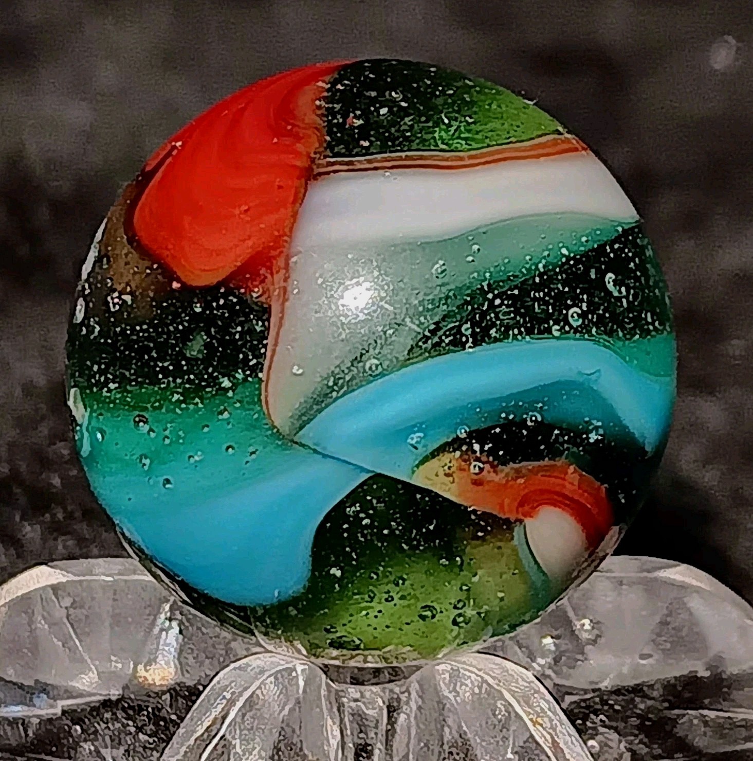 Vintage Pelter Glass NLR Multi-Color Rainbo Marble. W-Oxblood. .66″ Mint. HTF