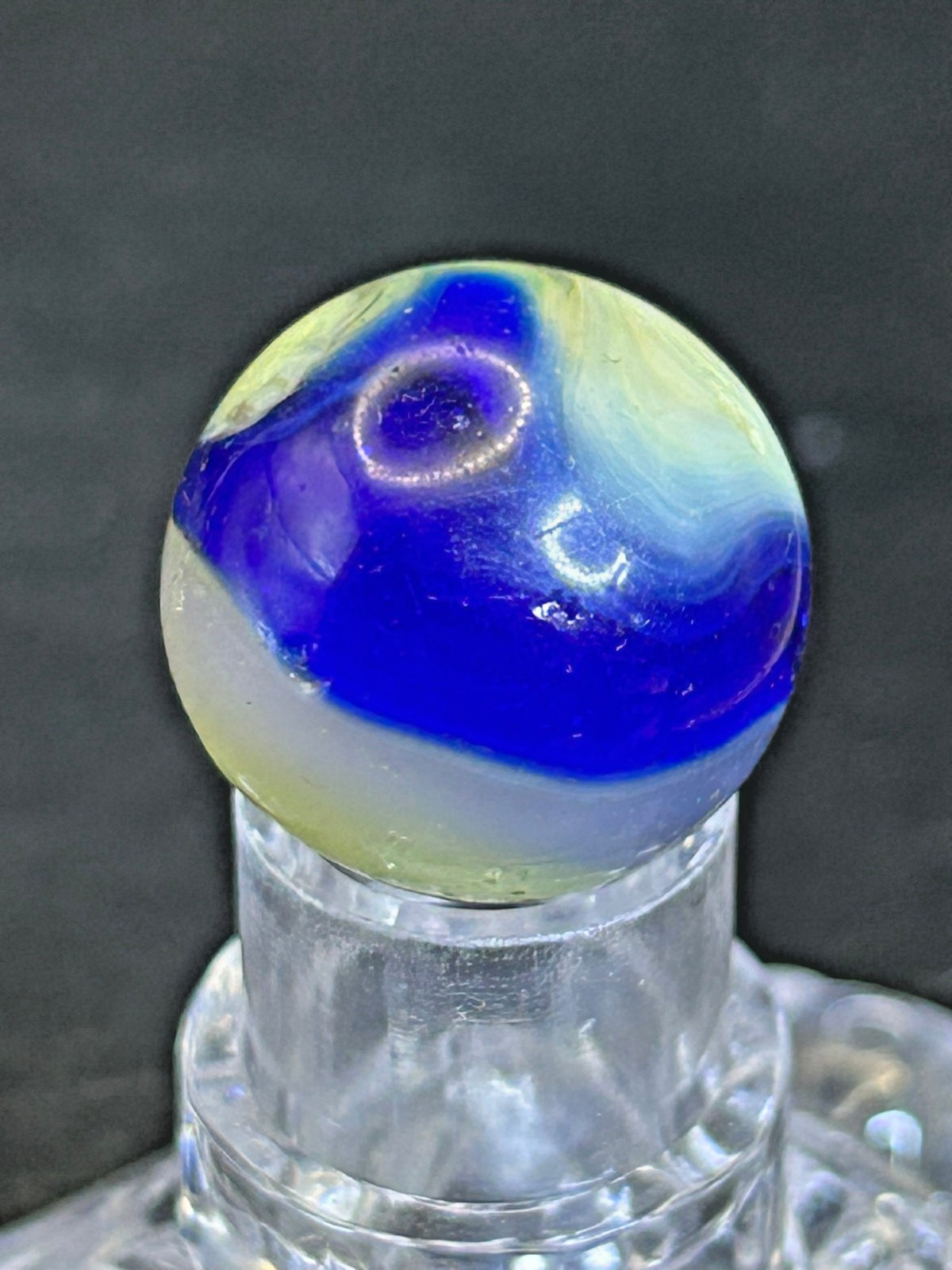 Vintage Akro Agate Blue “Egg Yolk” Popeye Marble, .74″, Near Mint, #OB9