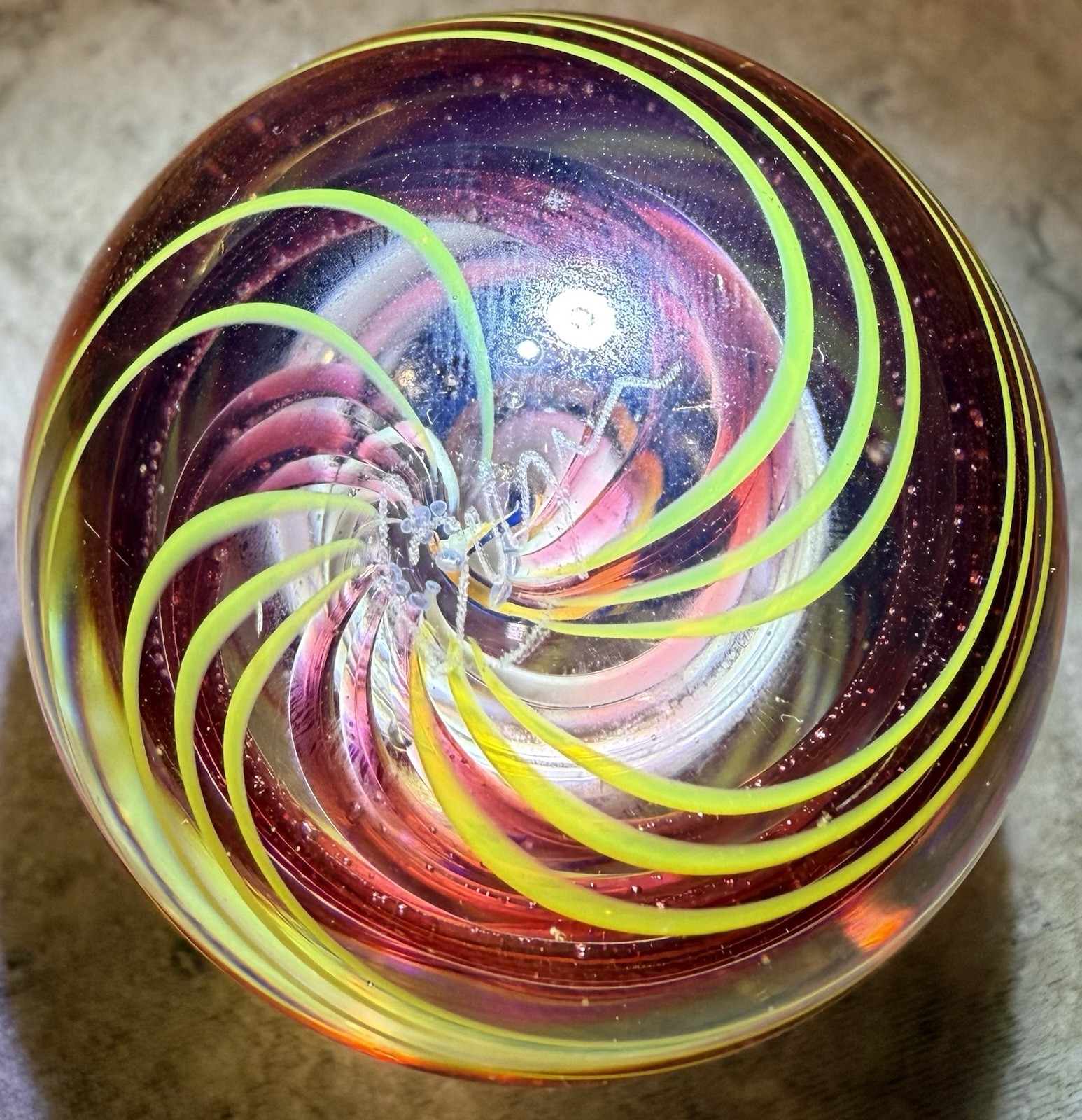 Studio Artist Signed Art Glass Marble 1.73” Latticino Ribbon Core Handmade
