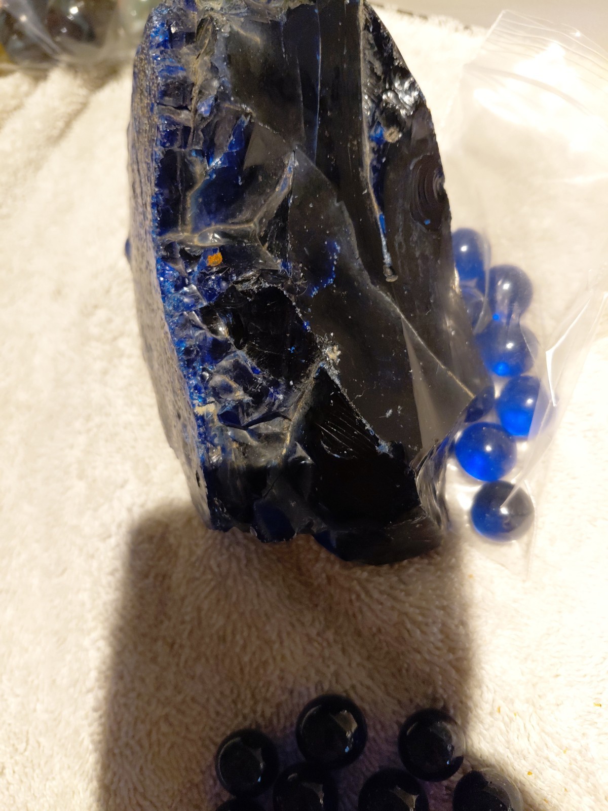 5.5″x3.25″ piece of cullet from Cobal Blue marble runs, With Marbles Includ