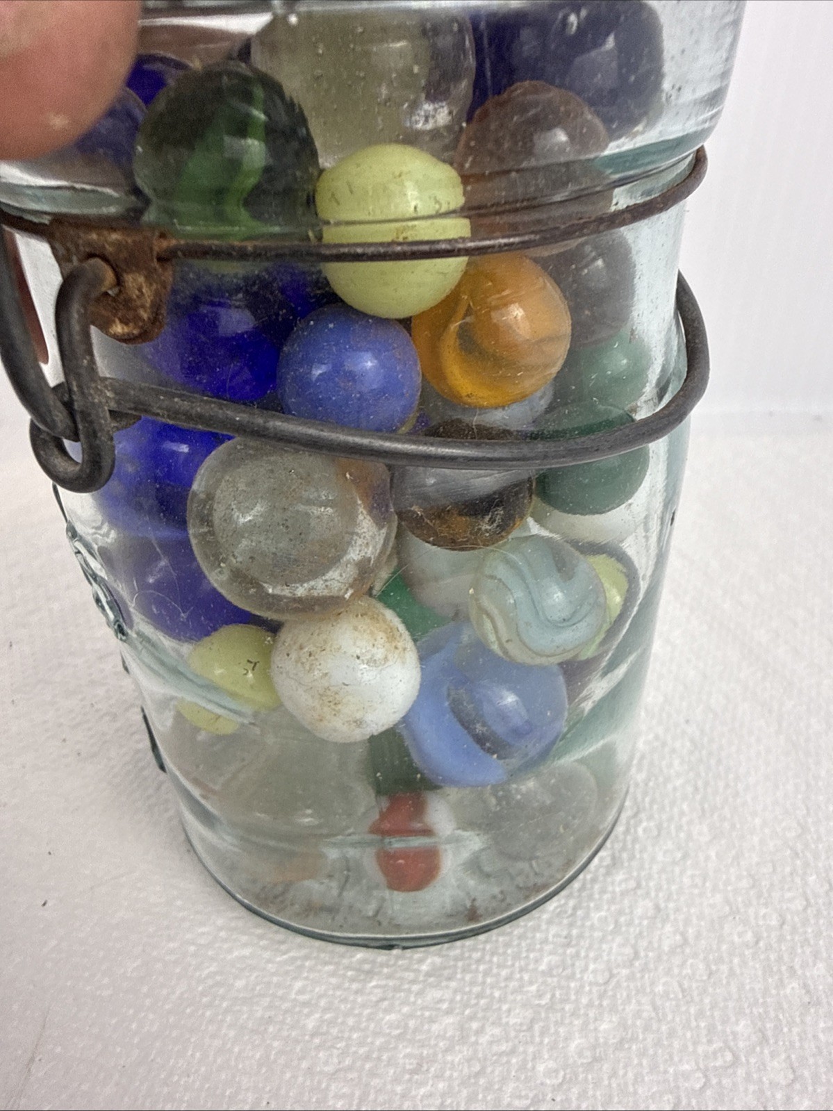 Pint Jar Full of Vintage Marbles in Antique Atlas E-Z Seal , Wire Bail, And Seal