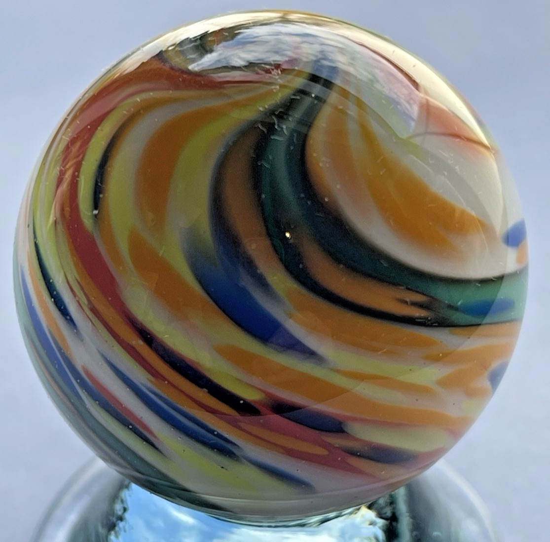 2015 RICK DAVIS MARBLE CONTEMPORARY GLASS ART 1.52″ ORANGE WHITE GREEN BLUE