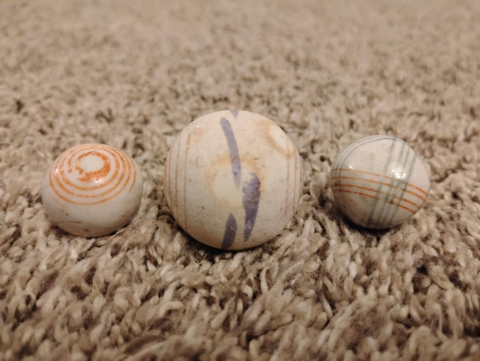 Lot of 3 Antique China Clay Marble Intersecting line Master helix swirl shooter