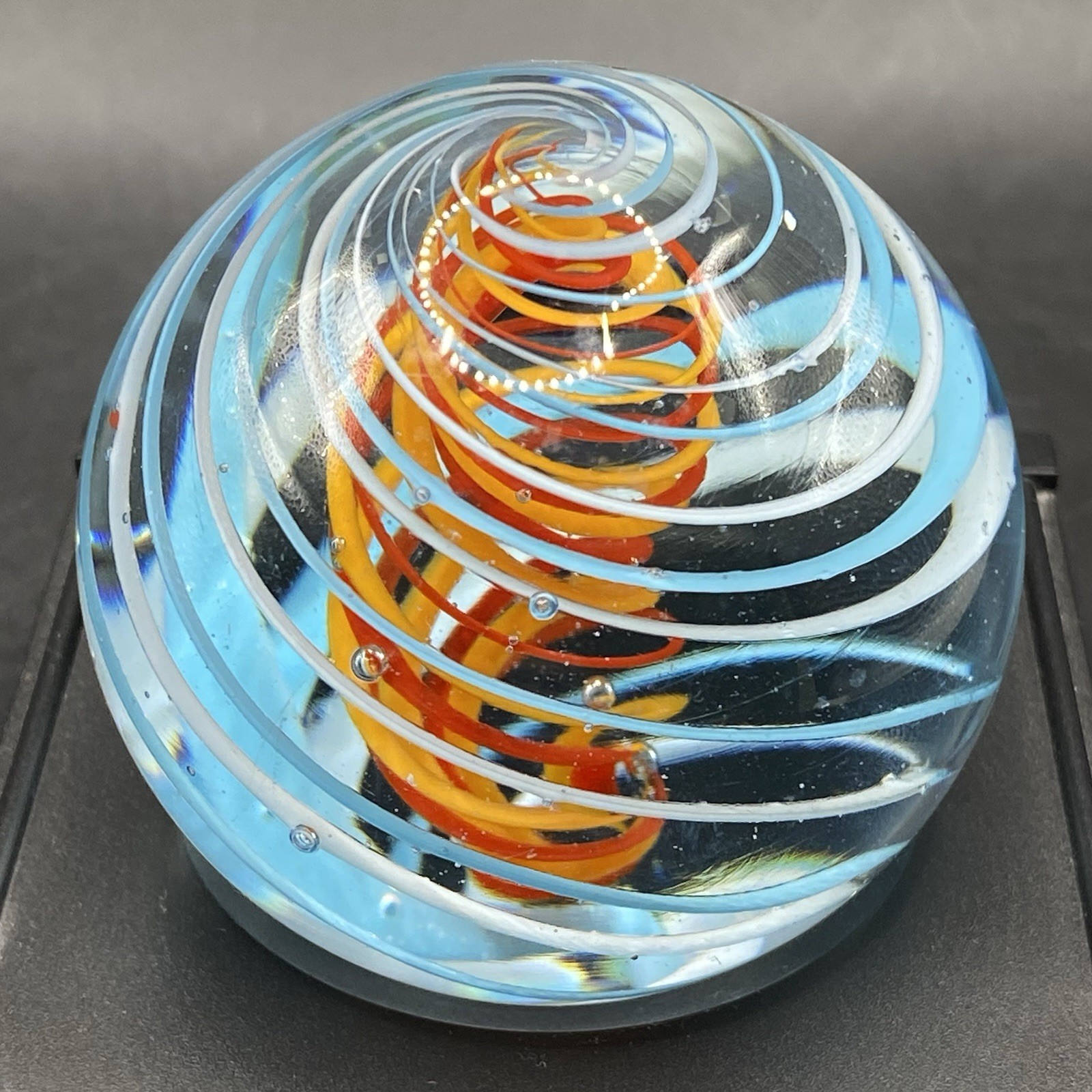 Contemporary Marble Large Handmade Art Glass Spiral Blue On Orange Vintage