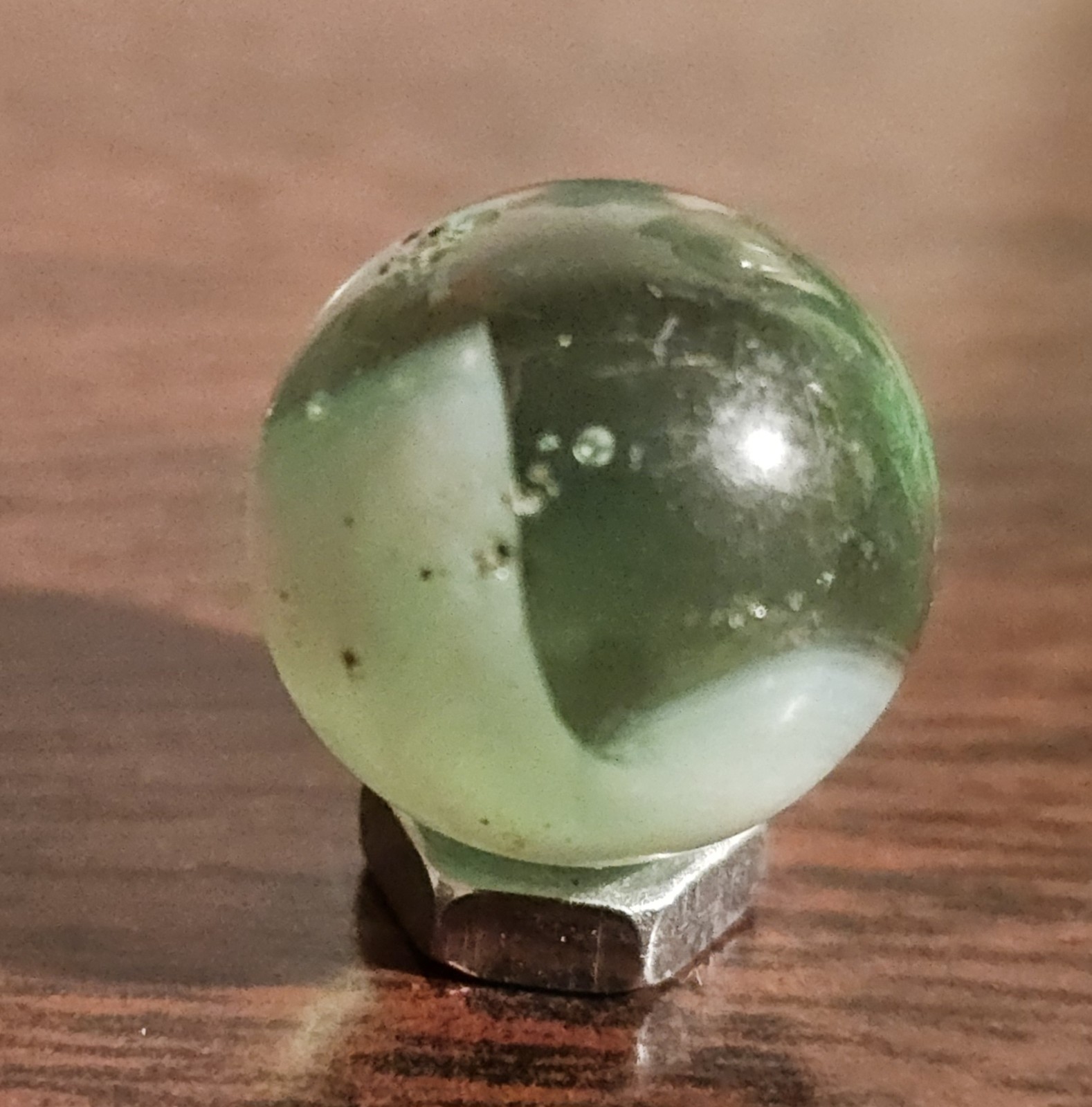 Vintage Master Glass Opaque White Swirl and Green Glass .593 Marble