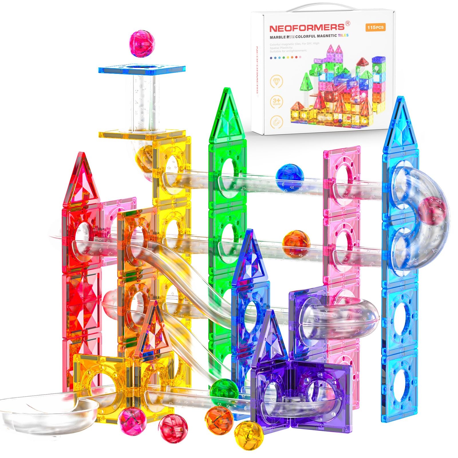 NEOFORMERS 115Pcs Magnetic Marble Run Set for Kids, STEM 4.7 x 11 x 12 inches