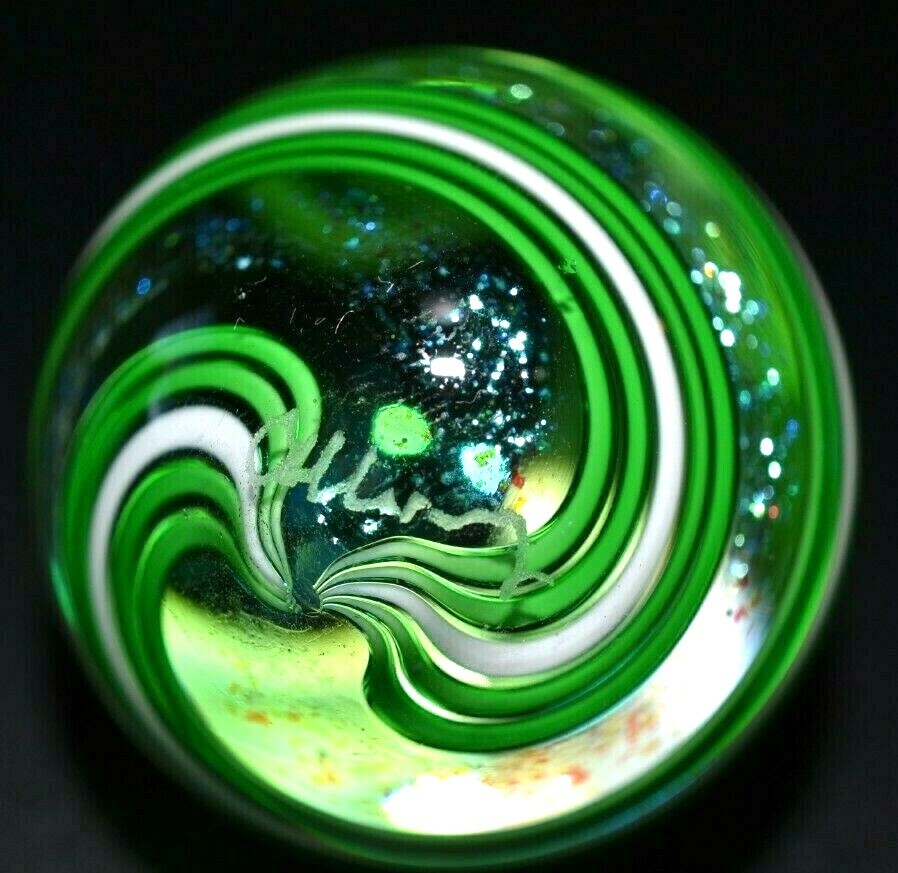 JAMES ALLOWAY GLASS MARBLE/1.249″-LIME DICHROIC SWIRL#3158-DICHROIC SAPPHIRE +