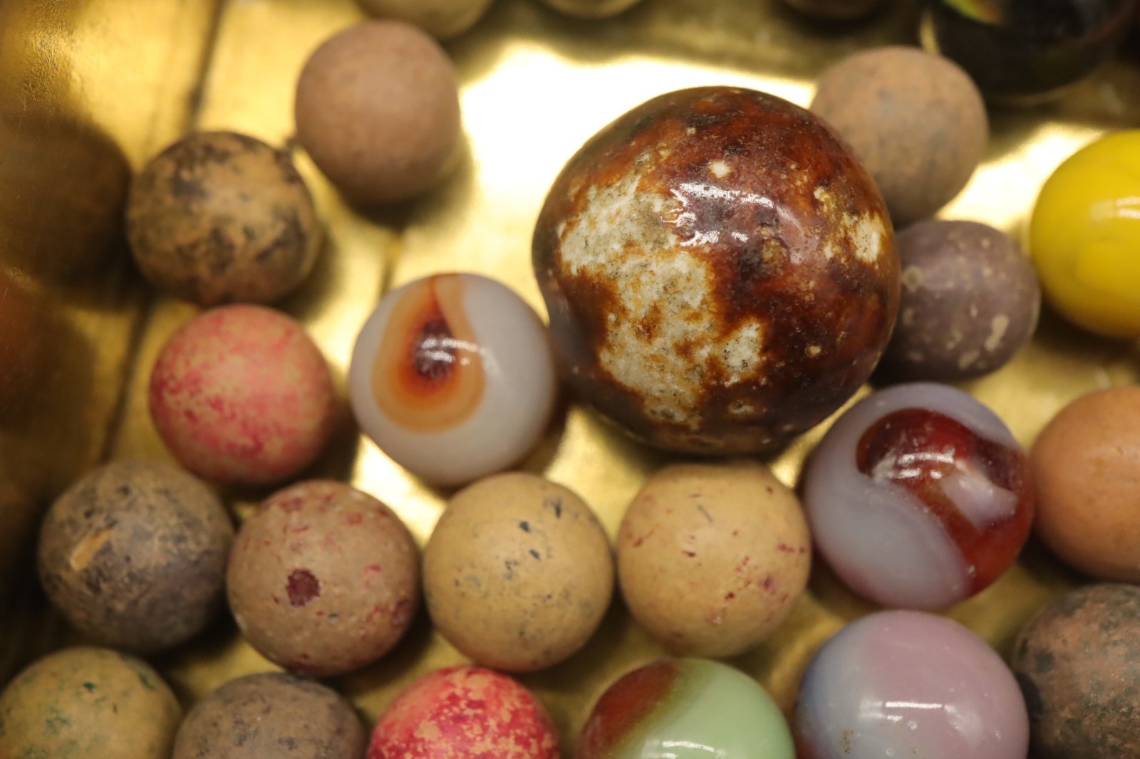 RARE Antique Marble Lot Handmade Glass Clay Marbles Vintage Tin Toy Game